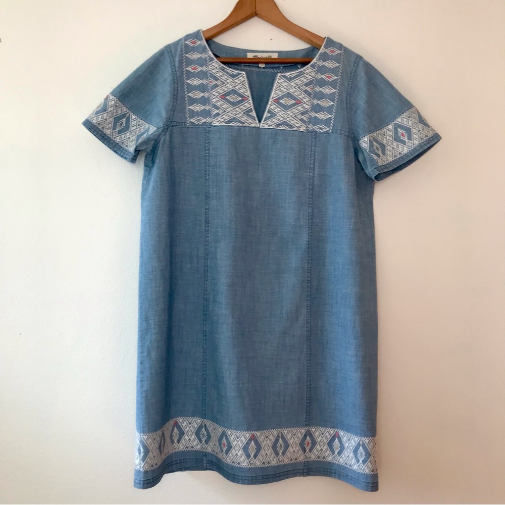 MADEWELL Blue Embroidered Short Sleeve Boho Denim Chambray Tunic Dress Size S